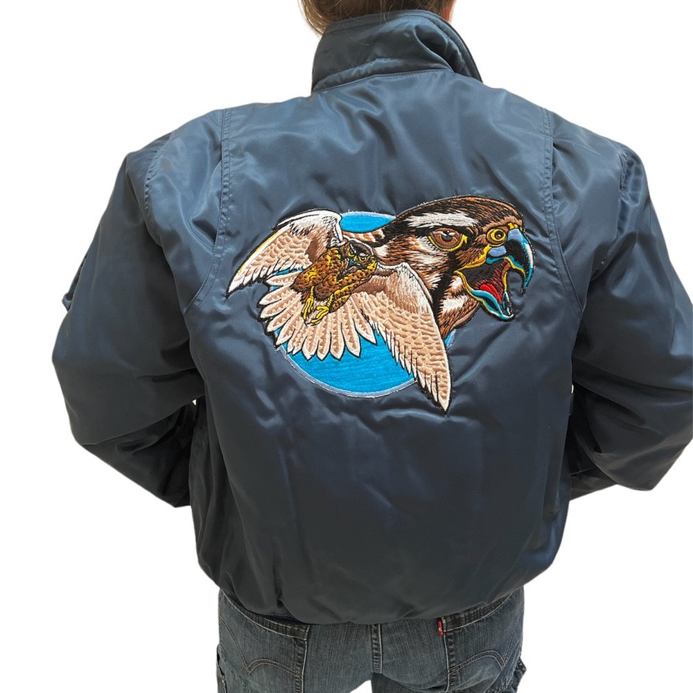 Mens Hawk Patch  Bomber Jacket Large Patch Design Flat looking Satin Navy Blue
